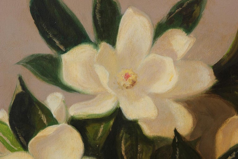 Green and White Realistic Magnolia Flowers Interior Still Life For Sale 4