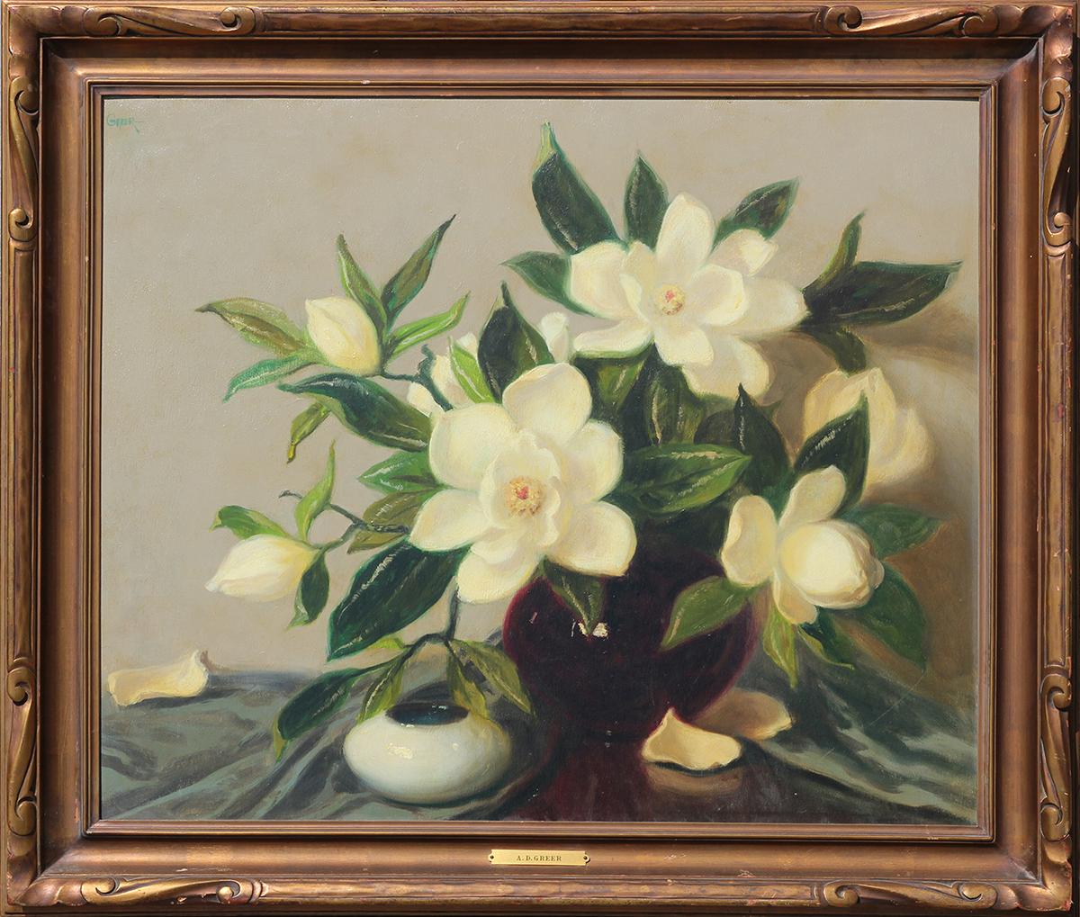 A.D. Greer Figurative Painting - Green and White Realistic Magnolia Flowers Interior Still Life