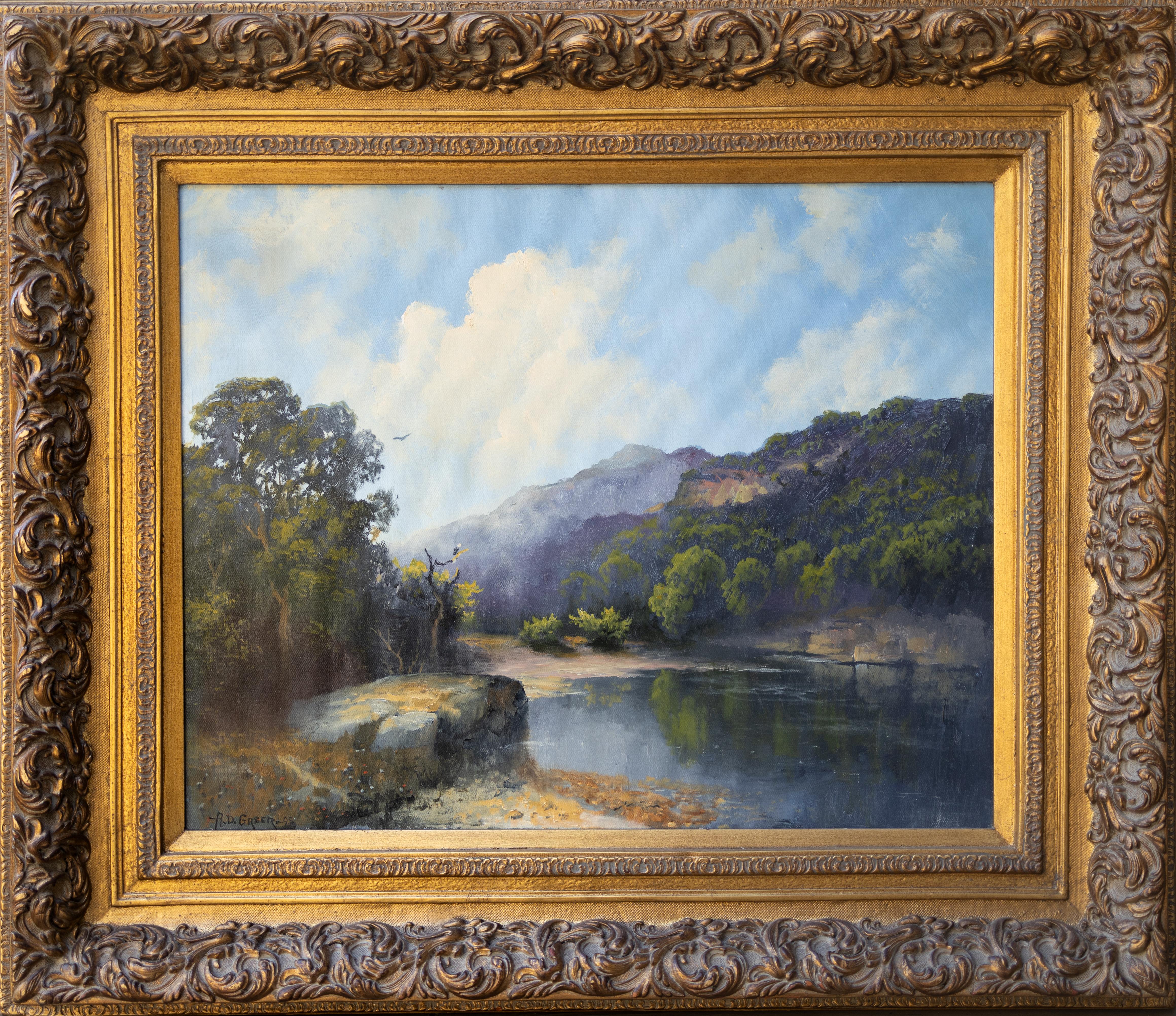 Mountain Landscape with Pond - Painting by A.D. Greer