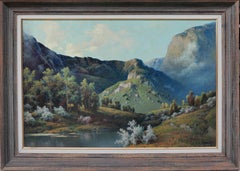 "Mountain Shadows" Vintage Landscape Painting of Lake Trees Cliffs Peaks Clouds