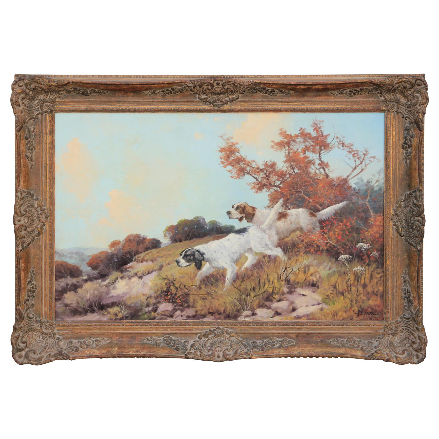 A.D. Greer Animal Painting - Naturalistic Landscape Oil Painting of Two English Pointer Hunting Dogs