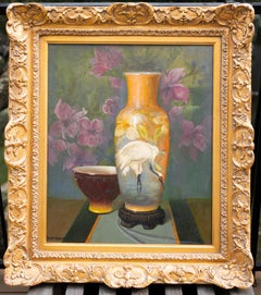 "Still Life Vase with Egret" Orange Blue Gray Pink White Brown Green Bird Floral