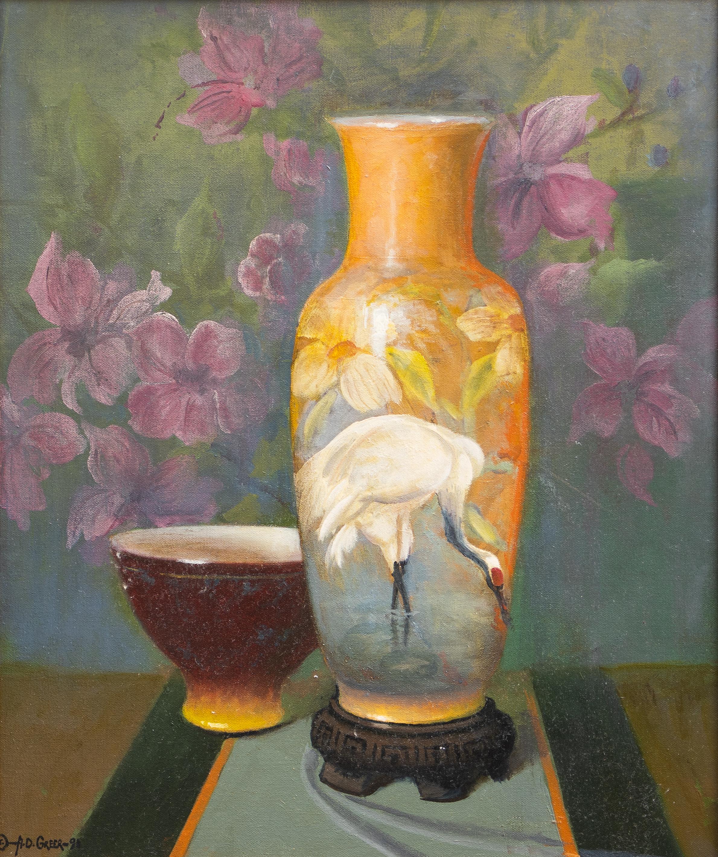 A.D. Greer Still-Life Painting - "Still Life Vase with Egret" Orange Blue Gray Pink White Brown Green Bird Floral
