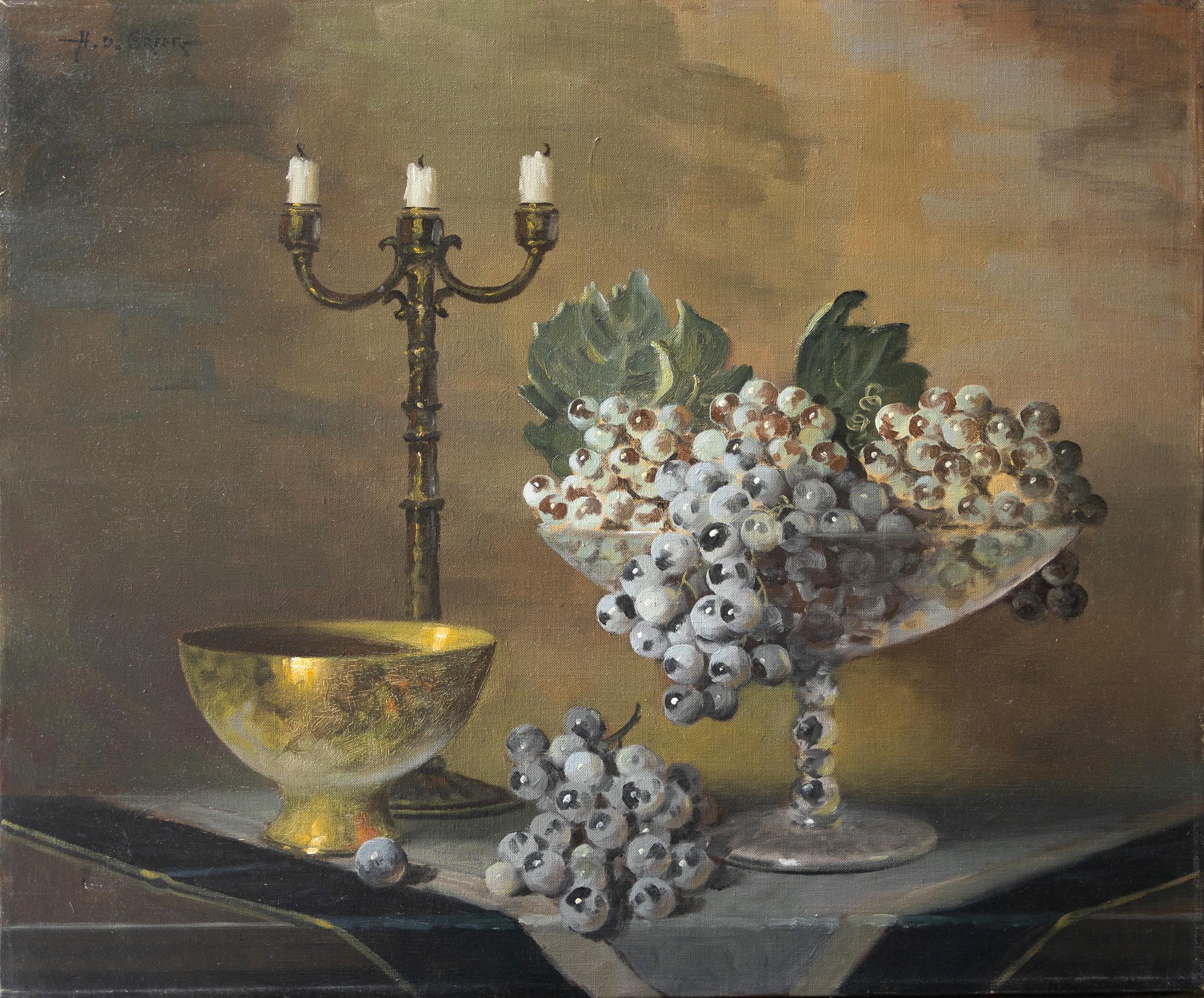 A.D. Greer Still-Life Painting – Stillleben mit Trauben und Kandelaber