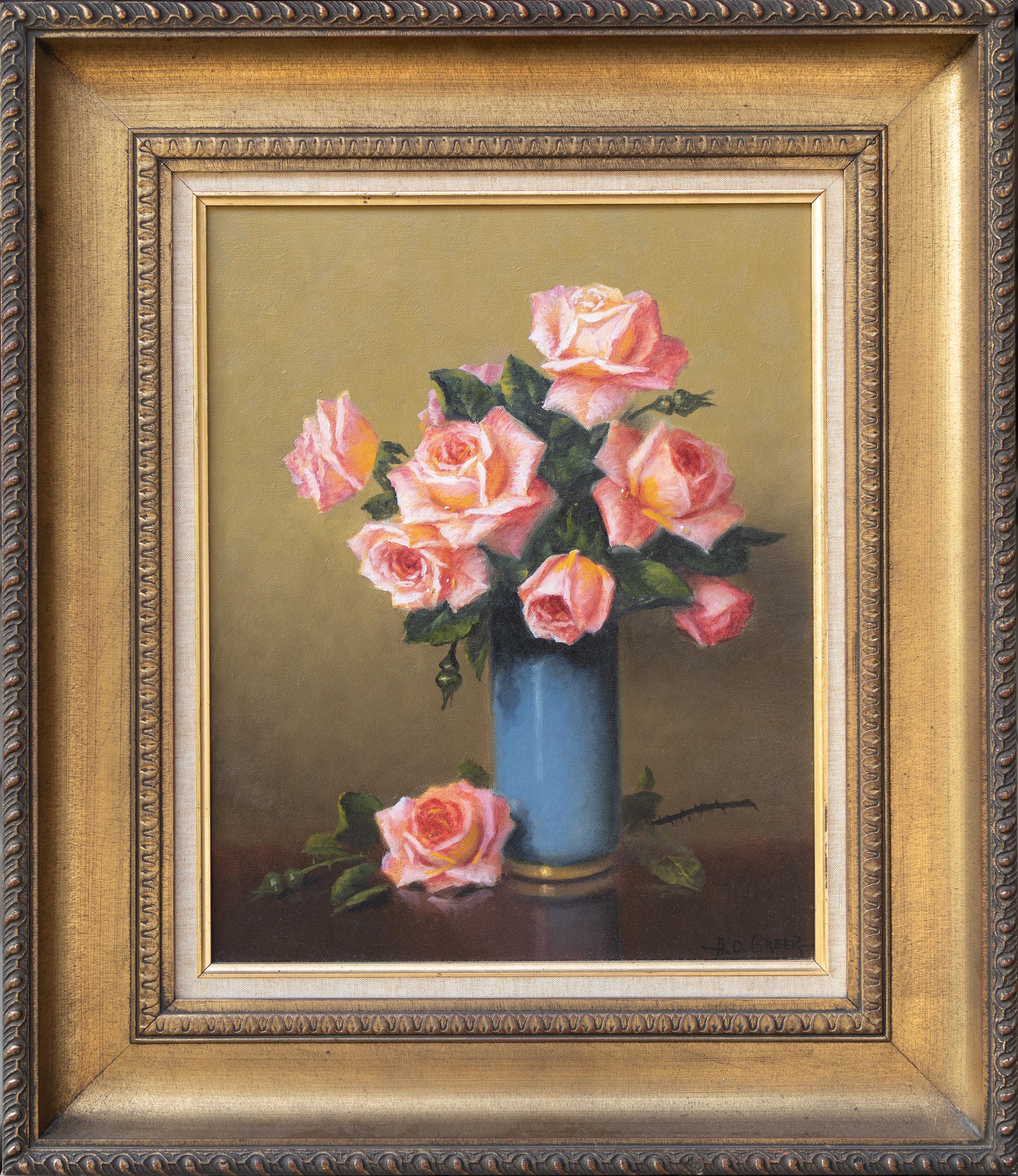 Still Life with Pink Roses in a Blue Vase - Painting by A.D. Greer