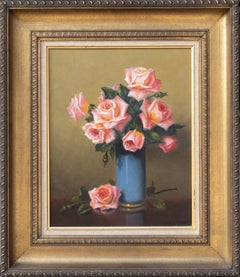 Still Life with Pink Roses in a Blue Vase