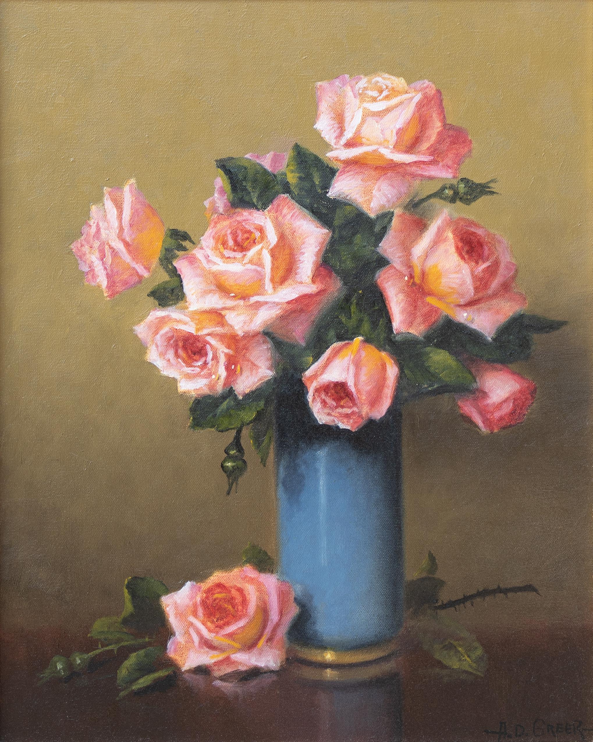 A.D. Greer Still-Life Painting - Still Life with Pink Roses in a Blue Vase