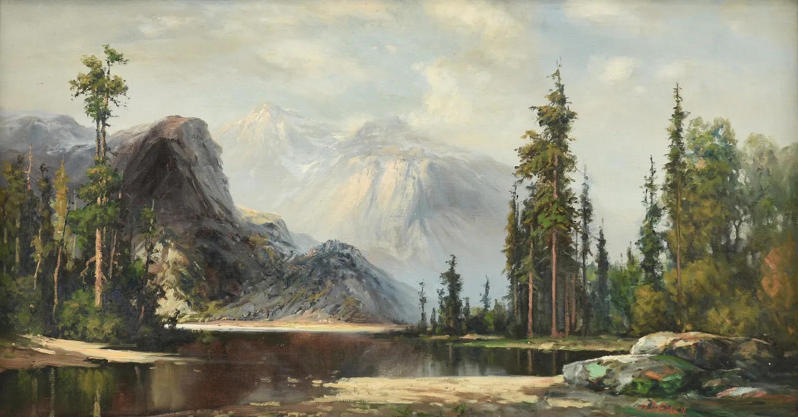 „WESTERN MOUNTAIN LANDSCAPE“ AUSTIN ARTIST FRAMED 27 X 46 – Painting von A.D. Greer