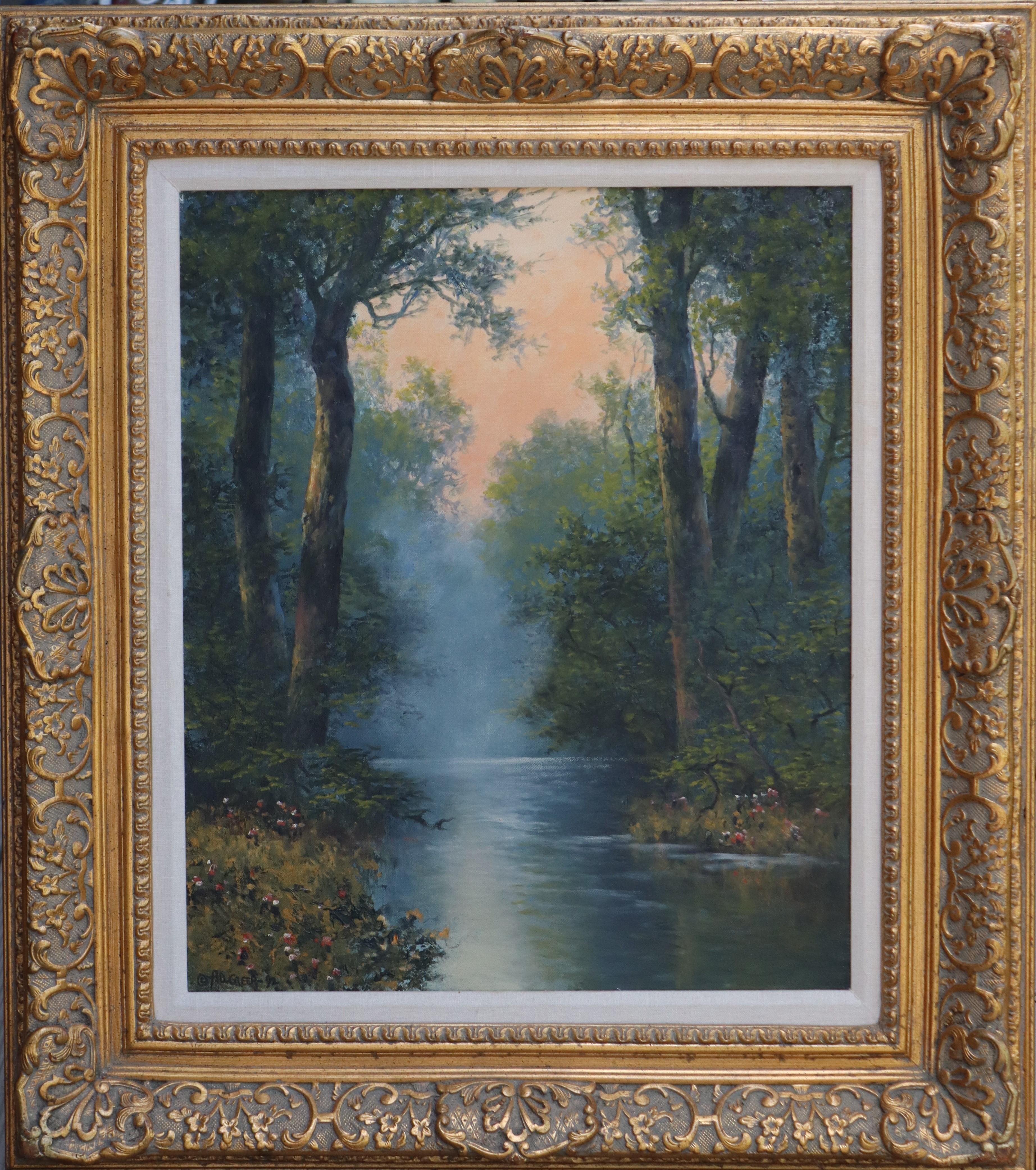 Woodland Pond at Sunset - Painting by A.D. Greer