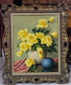 "Yellow Roses and Blue Pot" vintage oil painting in ornate gold leaf frame