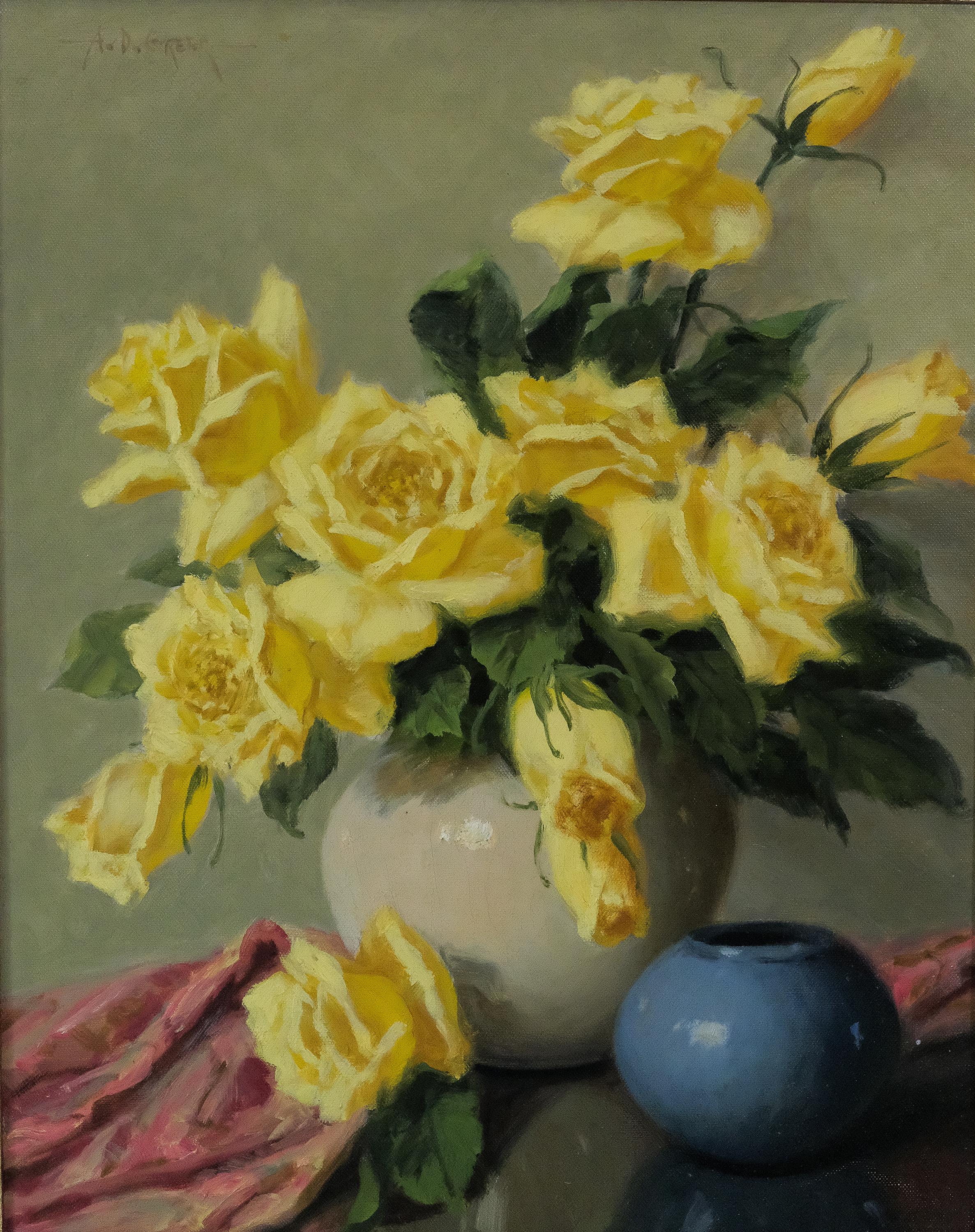 "Rosas amarillas y maceta azul" óleo vintage en marco ornamentado de pan de oro