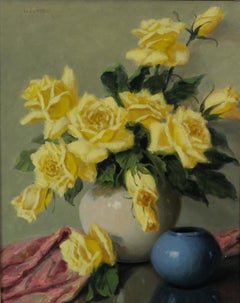 "Rosas amarillas y maceta azul" óleo vintage en marco ornamentado de pan de oro