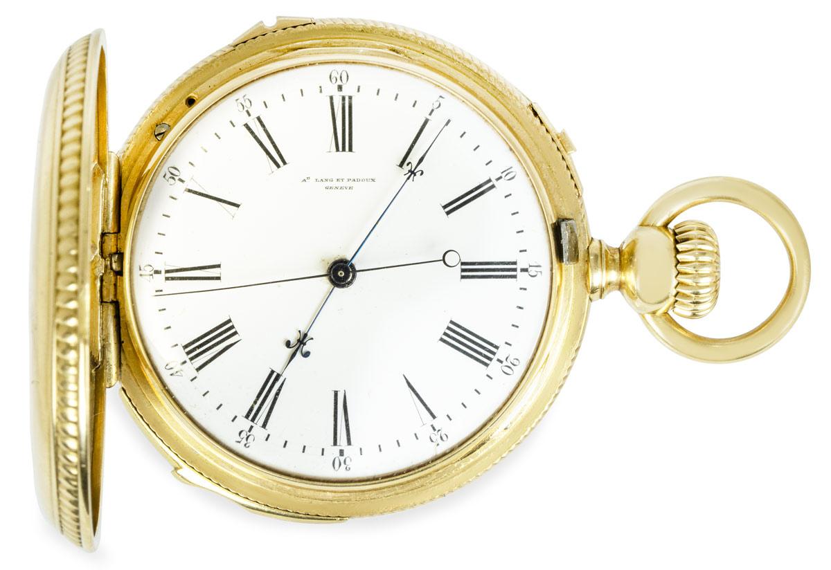 AD Lang et Padoux: A Rare 18ct Yellow Gold Full Hunter Independant Second Minute Repeater Keyless Lever Pocket Watch C1880.

Dial: A white enamel dial with Roman numerals and outer minute track with Arabic five minute interval numerals, signed AD
