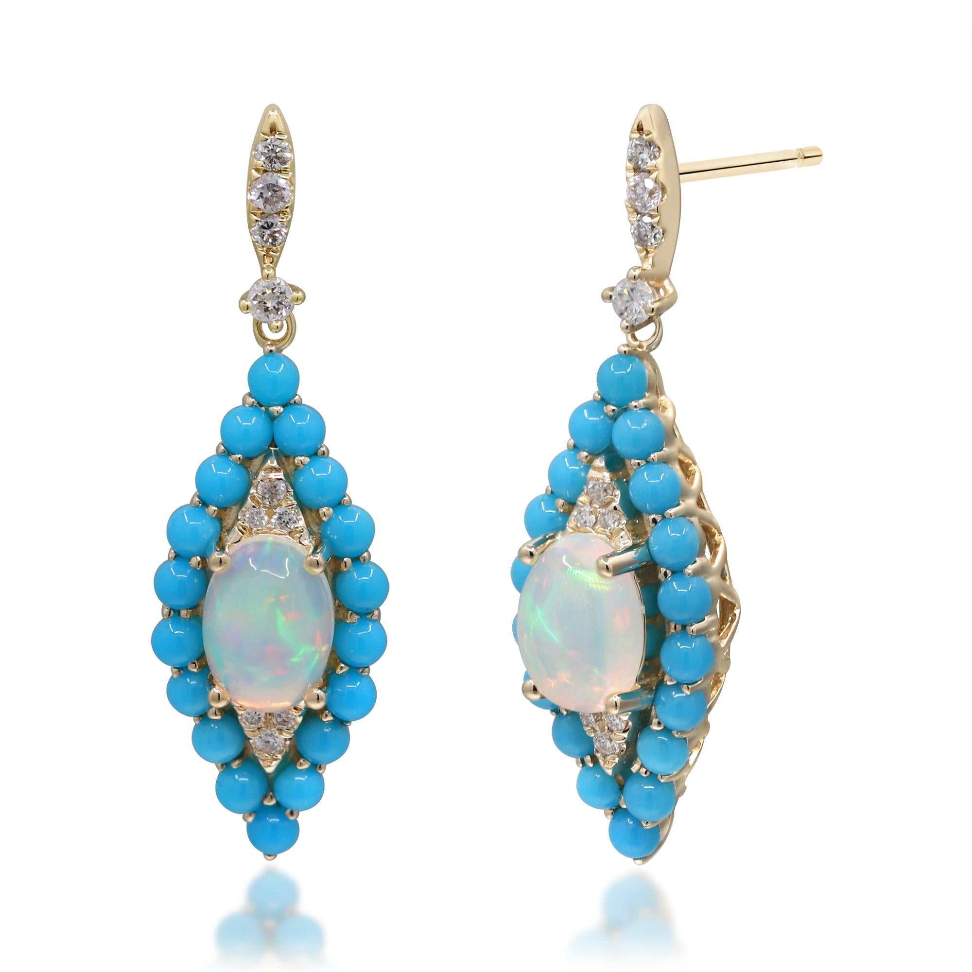 Decorate yourself in elegance with this Earring is crafted from 14K Yellow Gold by Gin & Grace. This Earring is made up of Oval-Cut Ethiopian Opal (2 pcs) 1.08 carat, Round-cut Turquoise (36 pcs) 1.54 carat and Round-cut White Diamond (20 Pcs) 0.16