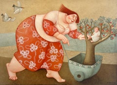 Babyboom Baby Tree Acryl on toile Fat Lady Naive Painting Primitive en stock