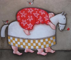In Cognito Incognito Acryl Painting on Canvas Horse Fat Lady Naive In Stock