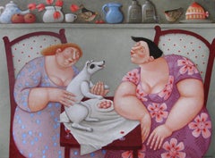 Introduction Kennismaking Peinture naïve à l'acryl sur toile « Fat Lady » en stock