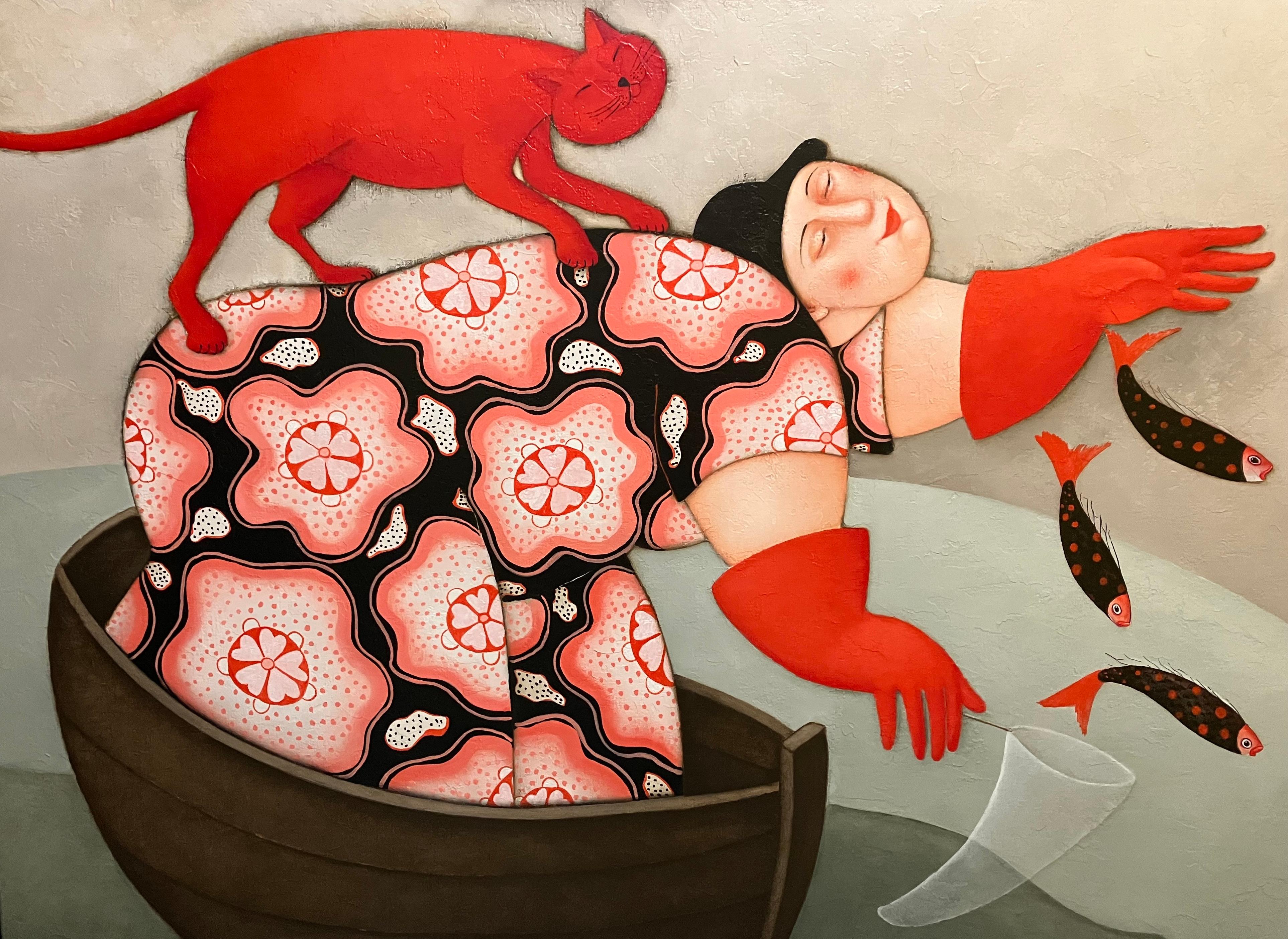 Animal Painting de Ada Breedveld - Scheepskat Gato del Barco Mujer Grande Barco Rojo Pez Divertido En Stock