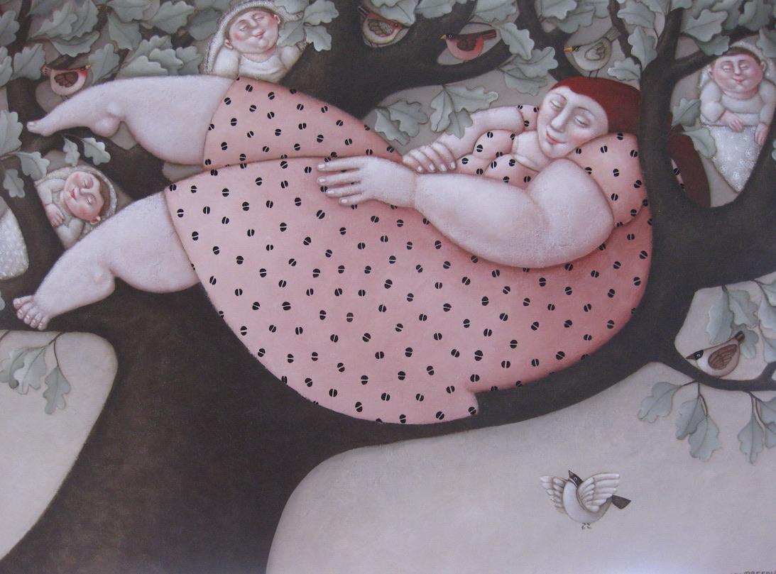 Figurative Painting di Ada Breedveld - Verwachting Aspettativa Albero della Signora Grassa Pittura ingenua Tela Primitiva In magazzino