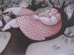 Verwachting Expectación Señora Gorda Árbol Pintura Ingenua Lienzo Primitivo En Stock