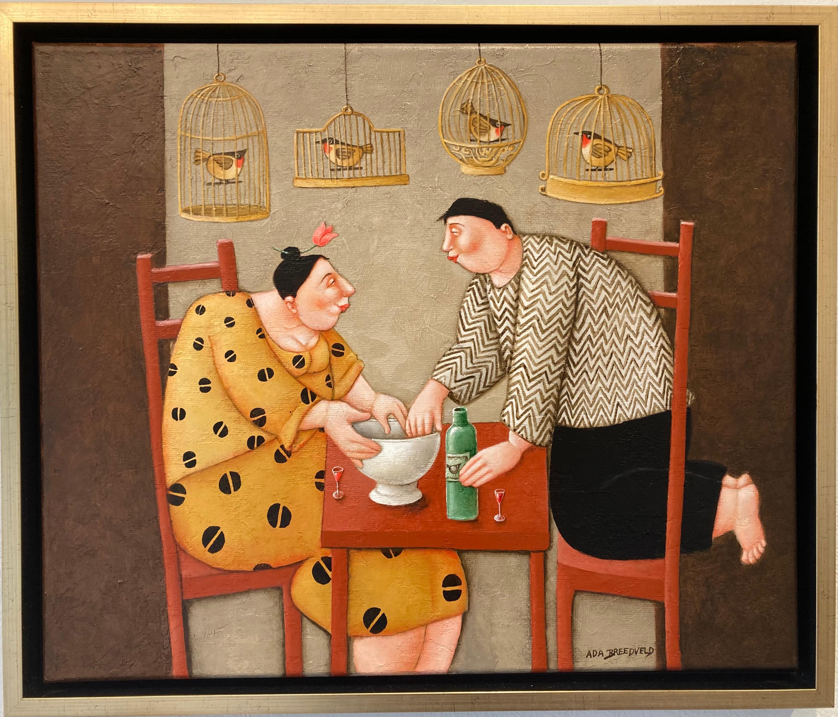 Vingers in de pap Dito nella torta Pittura acrilica su tela Fat Lady In magazzino - Painting Contemporaneo di Ada Breedveld