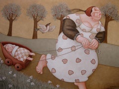 Wilde Rit  Wild Ride Pintura ingenua sobre lienzo Fat Lady Child Primitive En Stock