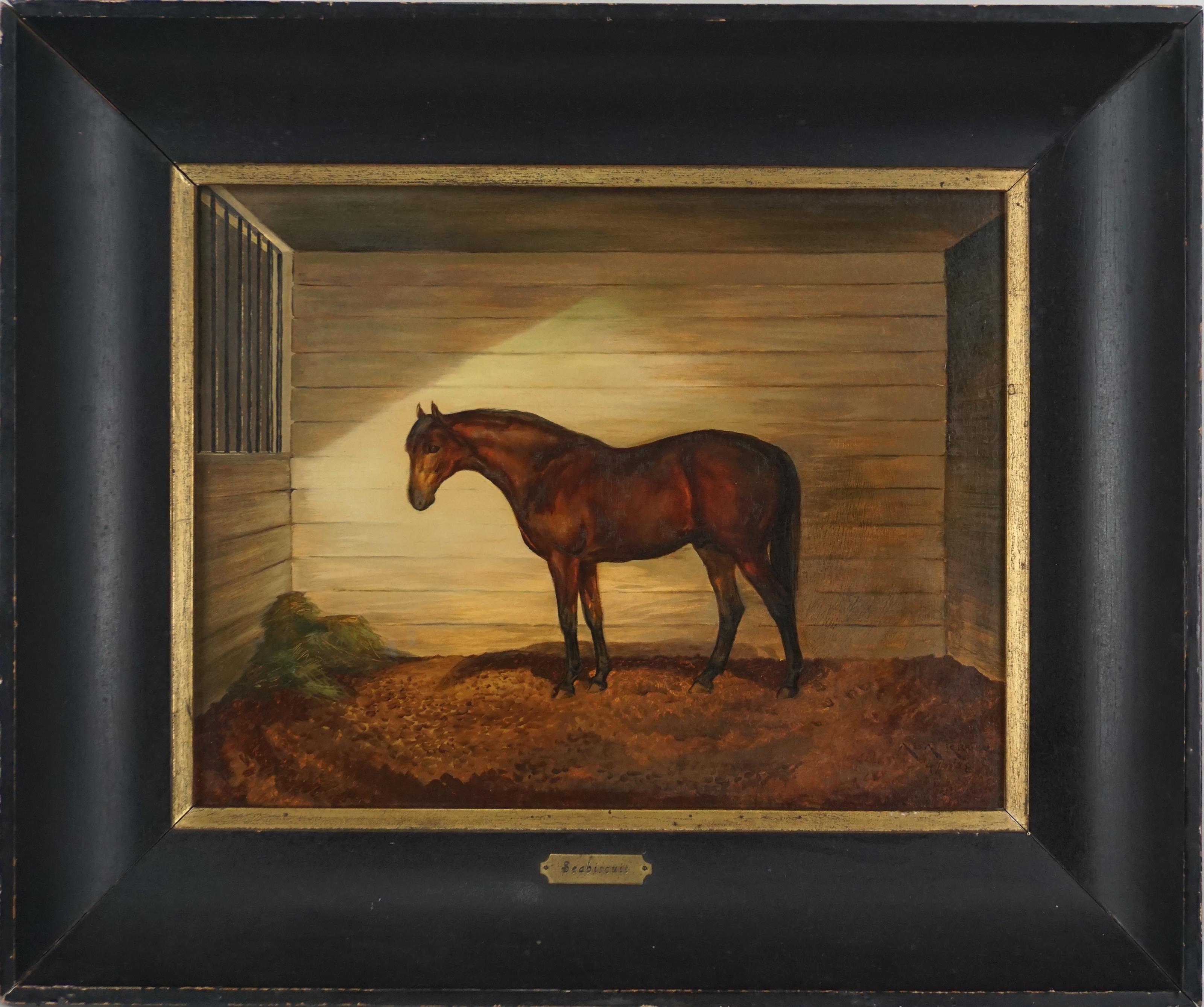 Gorgeous horse portrait of "Seabiscuit" by Ada Kruse a Santa Cruz artist (American, 1900-1995), 1947-1948. Signed and dated lower right corner "Ada Kruse "1947 1948" with brass plaque. "Seabiscuit" heritage/breeding is written out on verso.