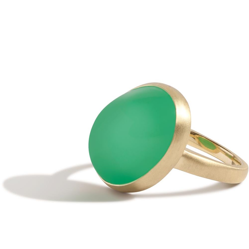 Offset for a unique update to a classic cabochon style, our Ada Ring features a 20 carat (AAA quality) chrysoprase with the most stunning color and luster against a 14k yellow gold matte gold finish

- Size 7 (resizable to 5.5 - 8) 
- One-of-a-kind
