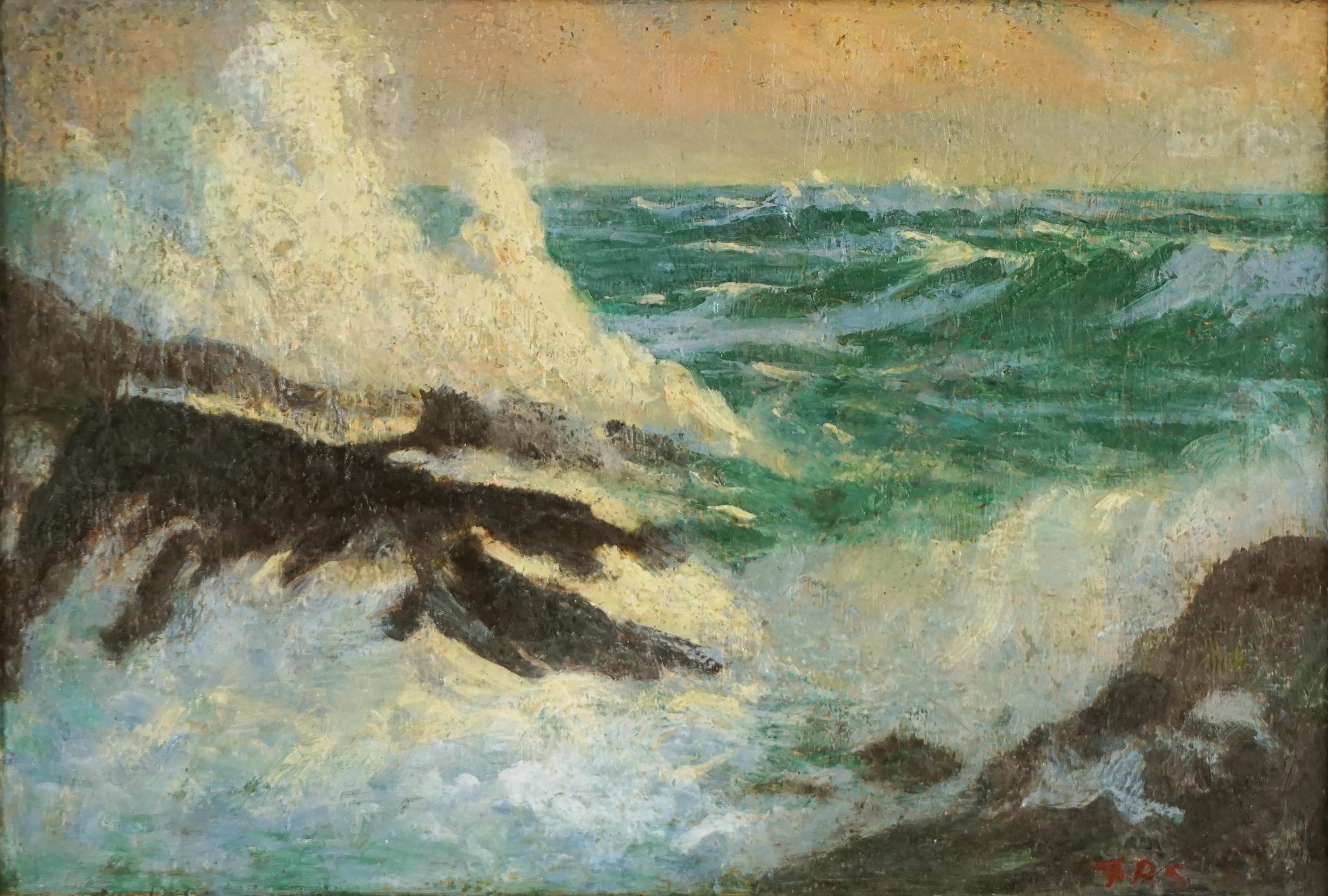 Paysage marin de la côte du Maine du début du 20e siècle - Phare de Pemaquid près des rochers - Painting de Ada Romer Shawhan