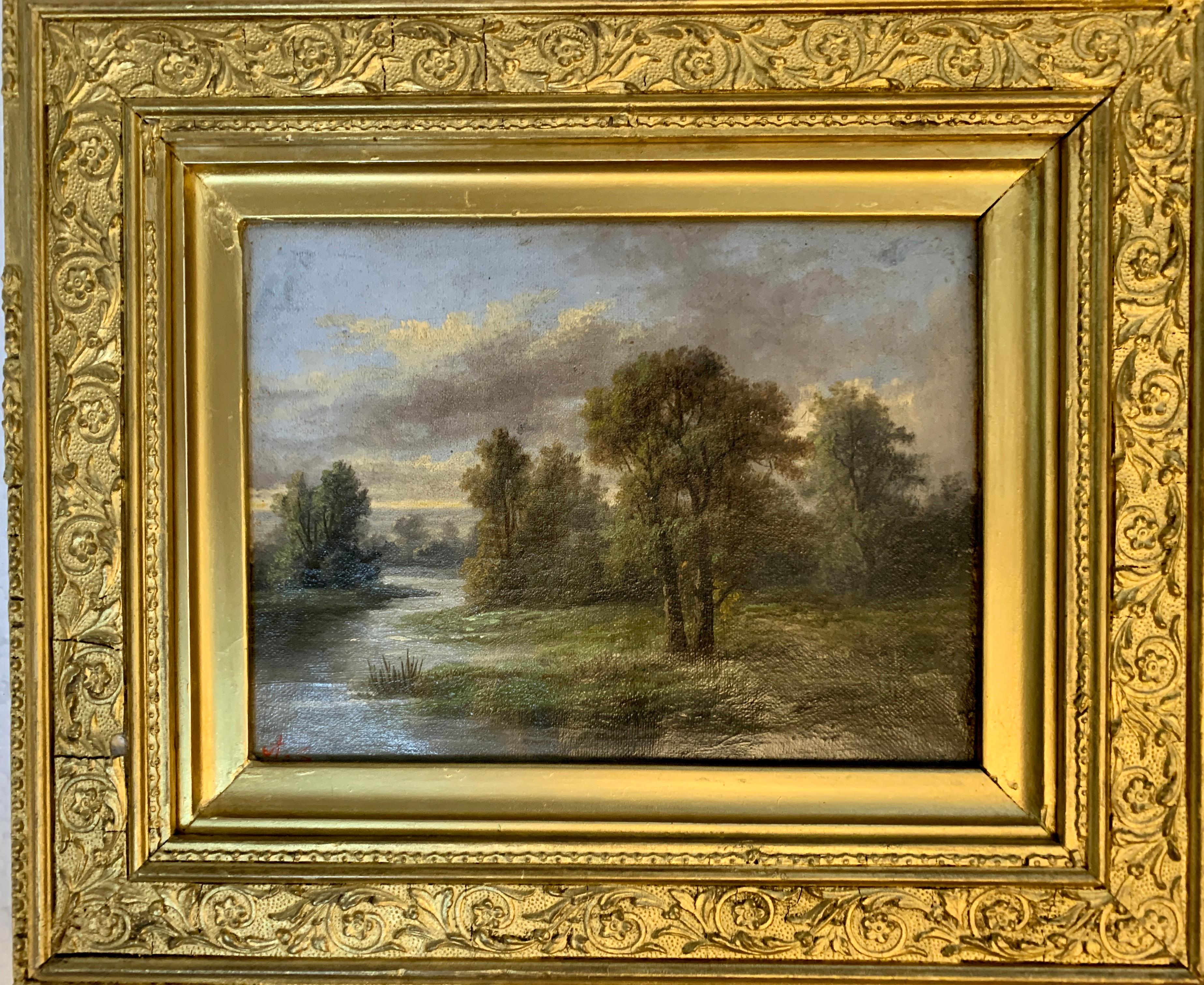 Englische Landschaft des 19. Jahrhunderts mit Eichen- und Eichenholzbäumen auf einem Weg nach einem Fluss – Painting von Ada Stone
