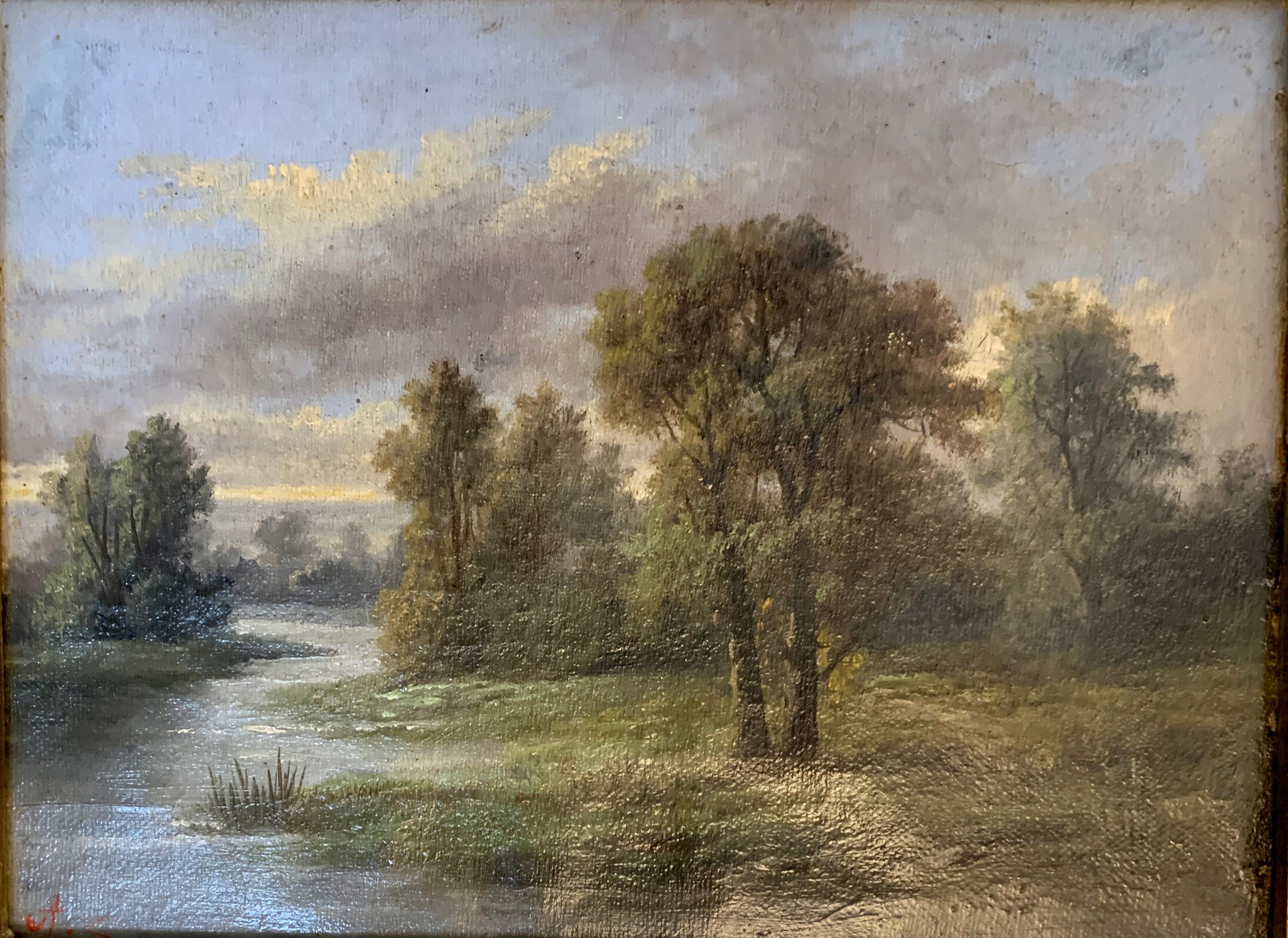 19th century English landscape with Oak and Yew trees on a pathway by a stream - Victorian Painting by Ada Stone