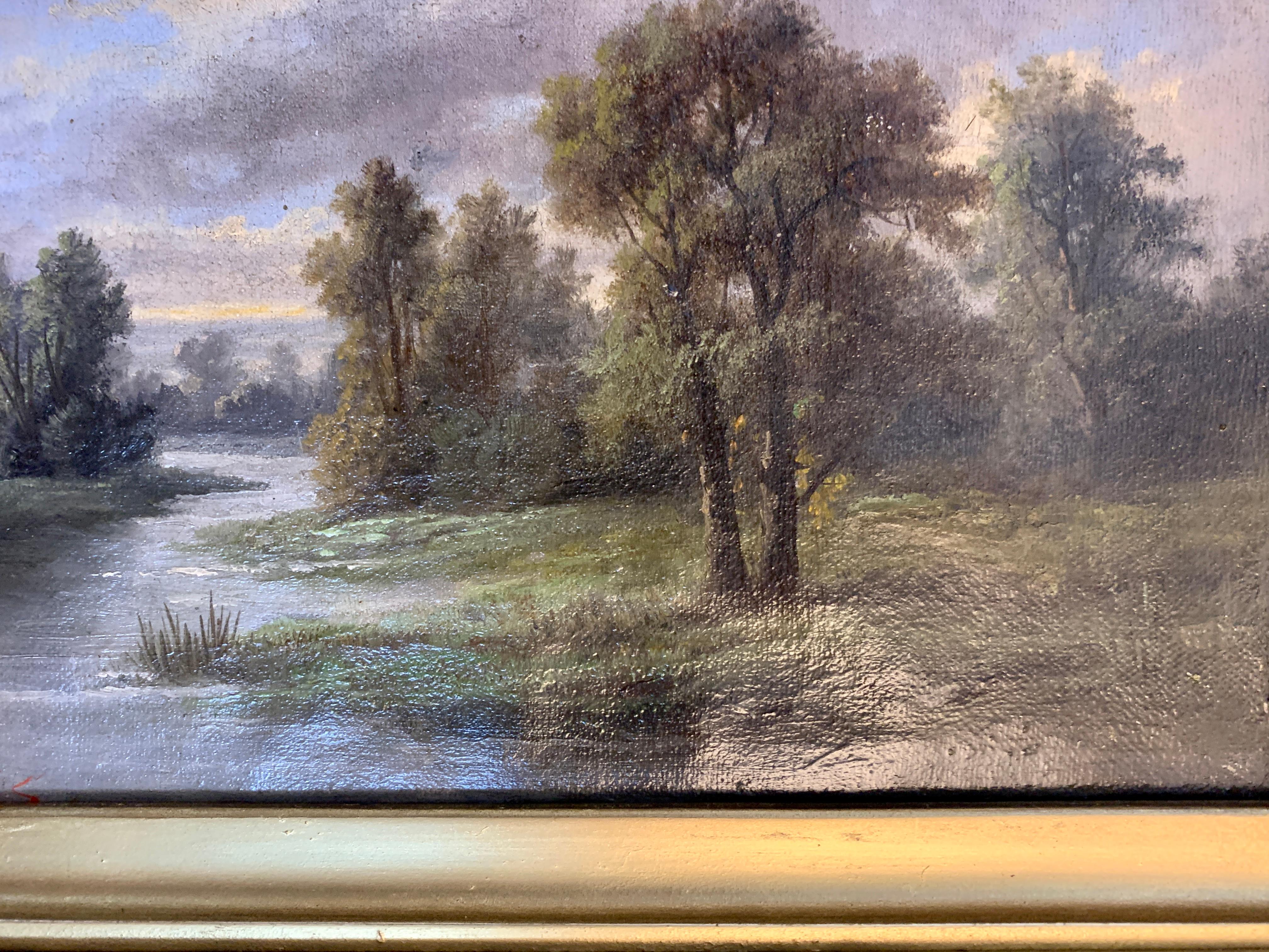 Ada Stone, English Victorian landscape with Oak and Yes trees on a pathway.
Ada Stone had a London address but was an East Midlands painter focusing her works on tranquil English river landscapes. She flourished between 1879-1904 and exhibited three