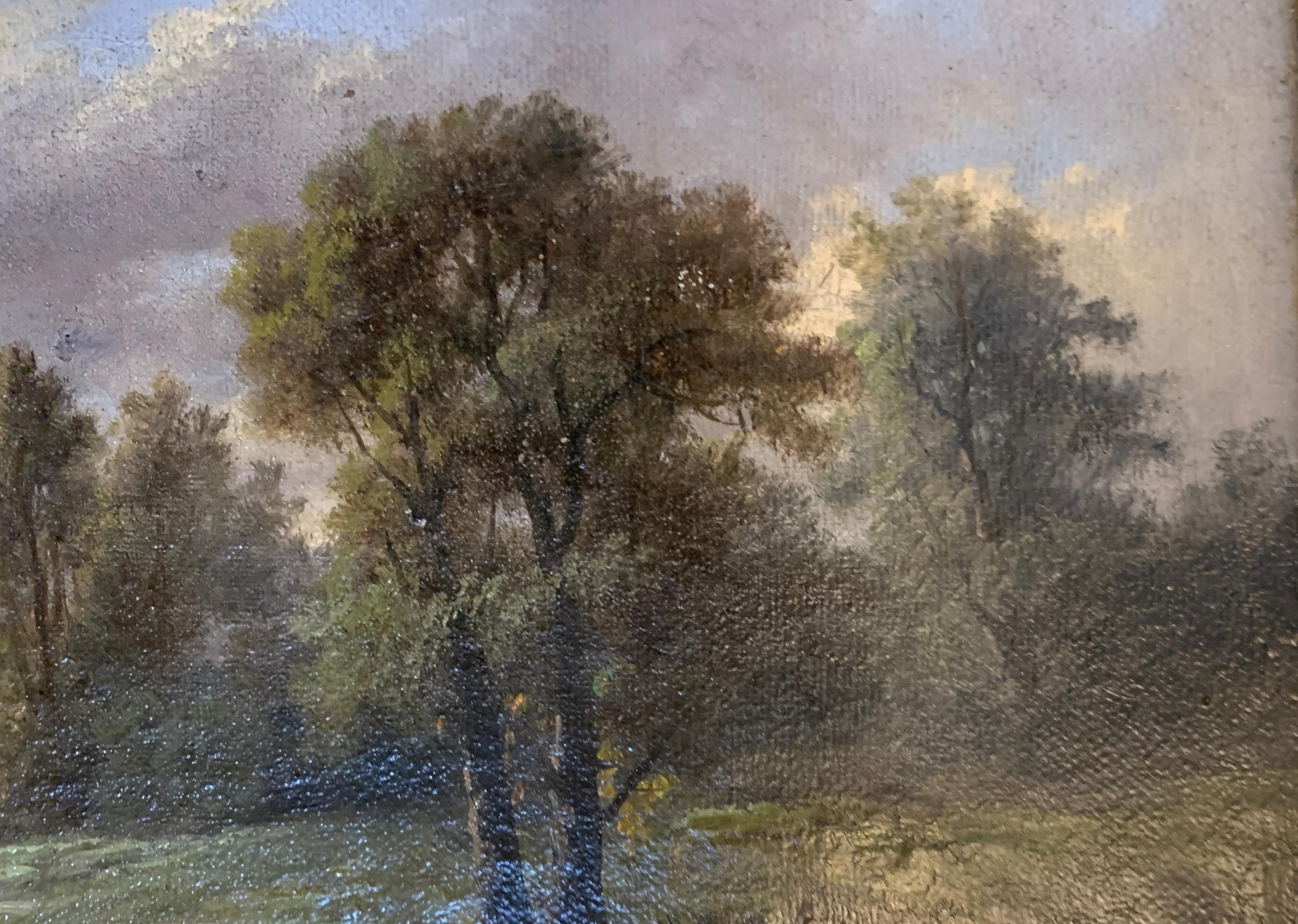 Englische Landschaft des 19. Jahrhunderts mit Eichen- und Eichenholzbäumen auf einem Weg nach einem Fluss im Angebot 2