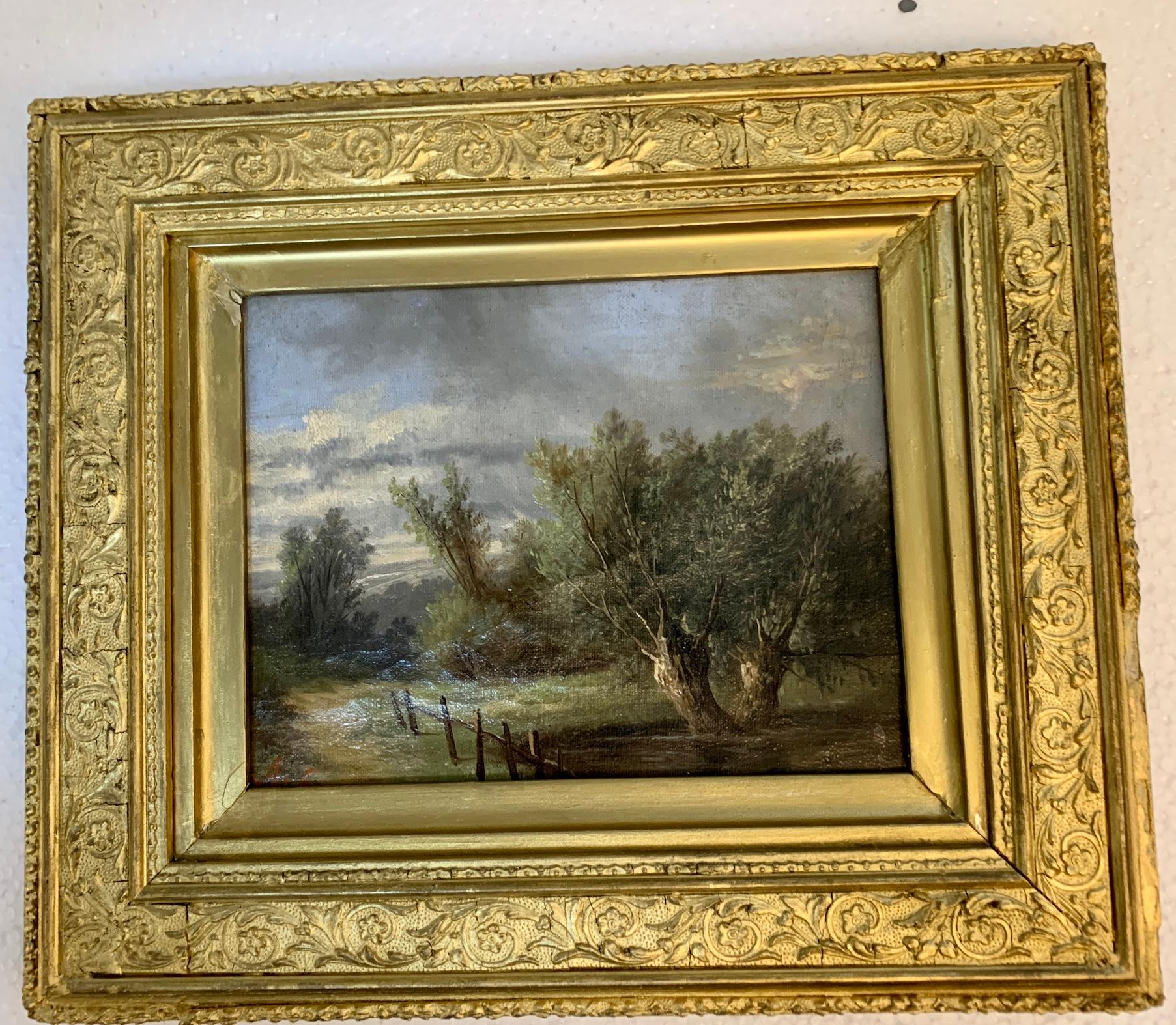 19th century English landscape with Oak and Yew trees on a pathway - Painting by Ada Stone