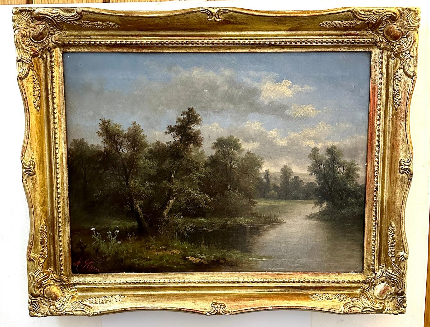 19th century English landscape with Oak and Yew trees on a pathway - Painting by Ada Stone