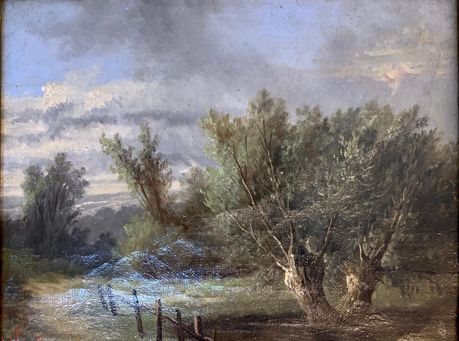 Paysage anglais du 19ème siècle avec des arbres en chêne et en if sur un chemin - Victorien Painting par Ada Stone