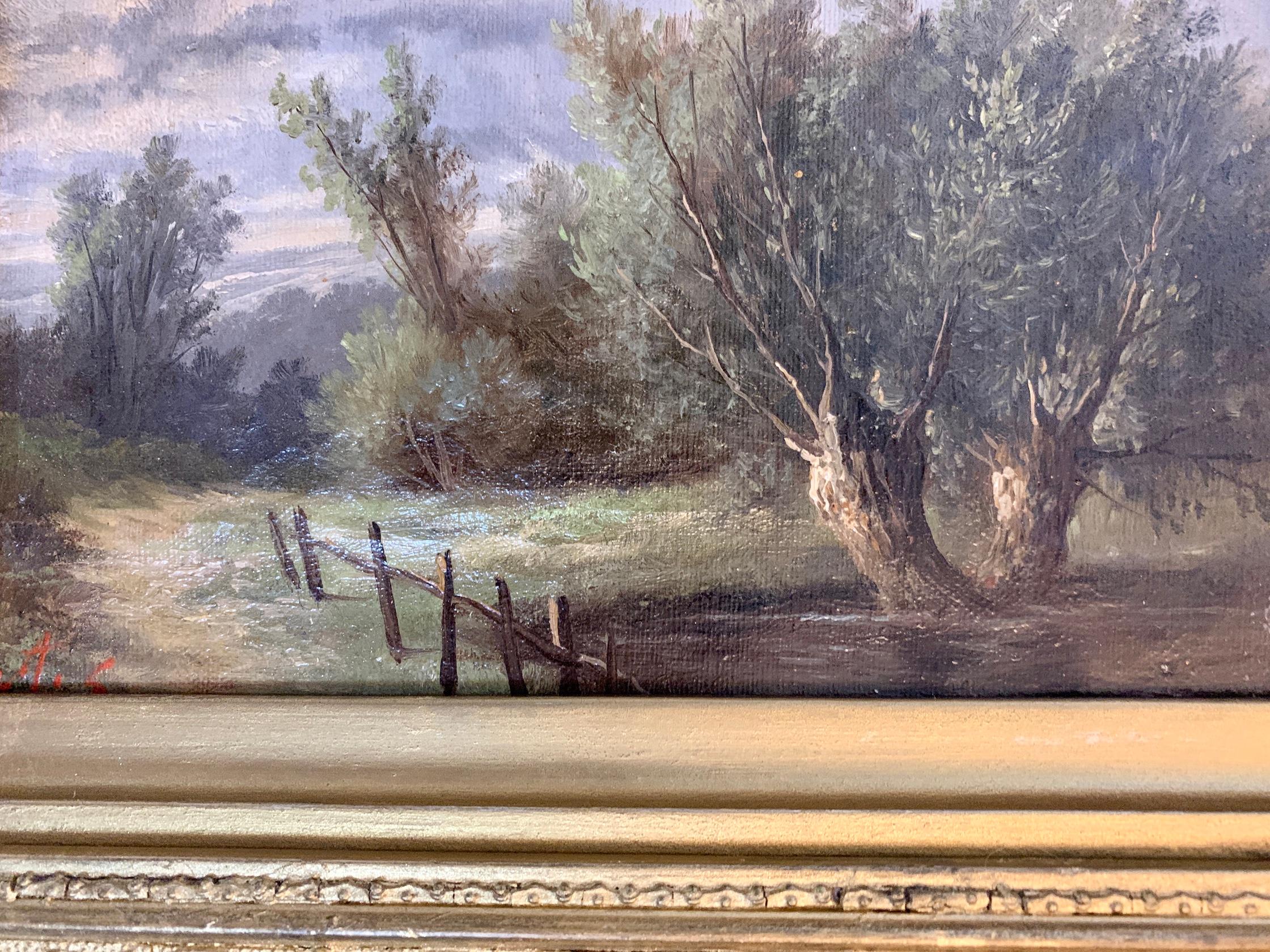 19th century English landscape with Oak and Yew trees on a pathway For Sale 1