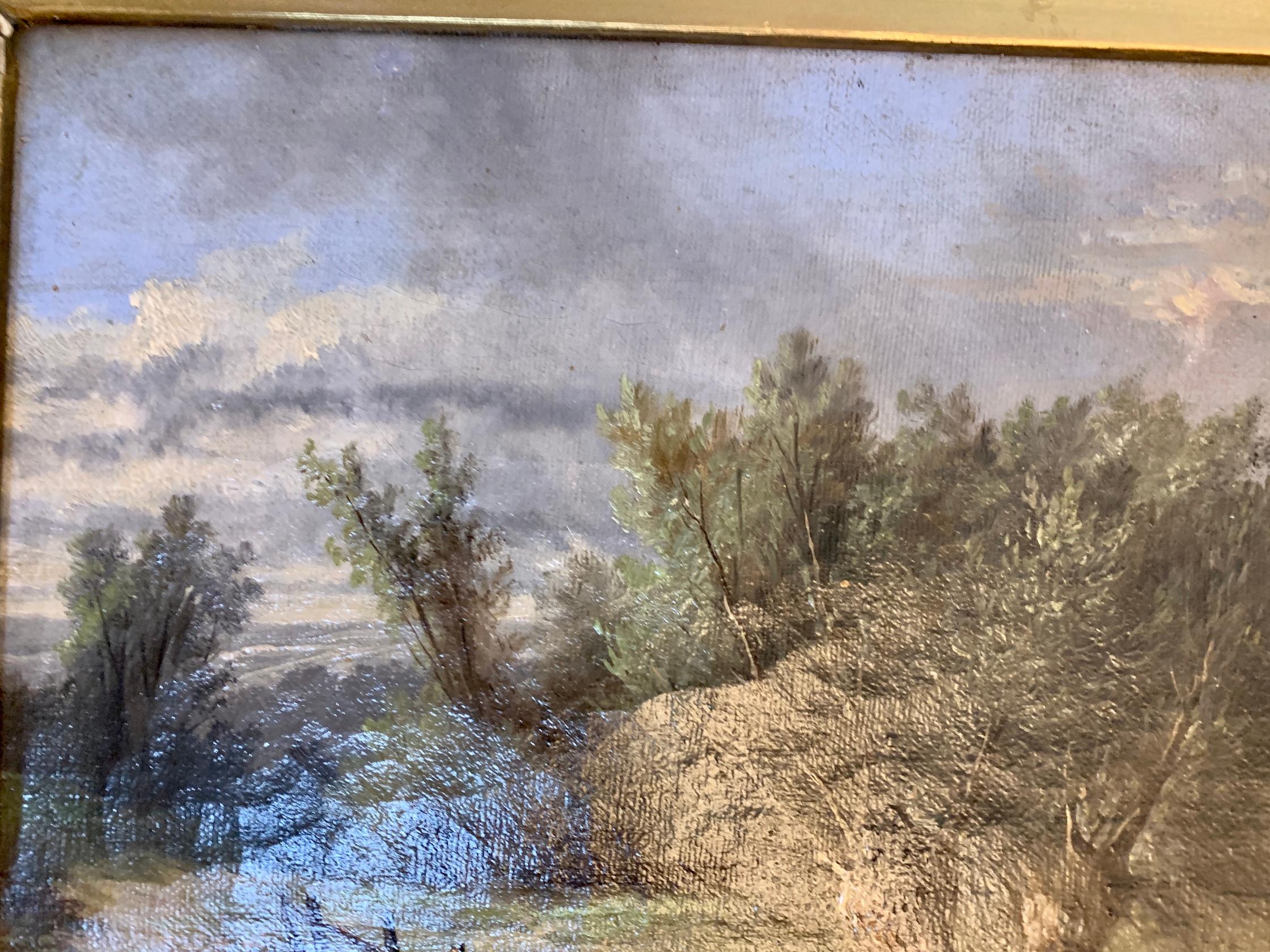 Paysage anglais du 19ème siècle avec des arbres en chêne et en if sur un chemin en vente 2