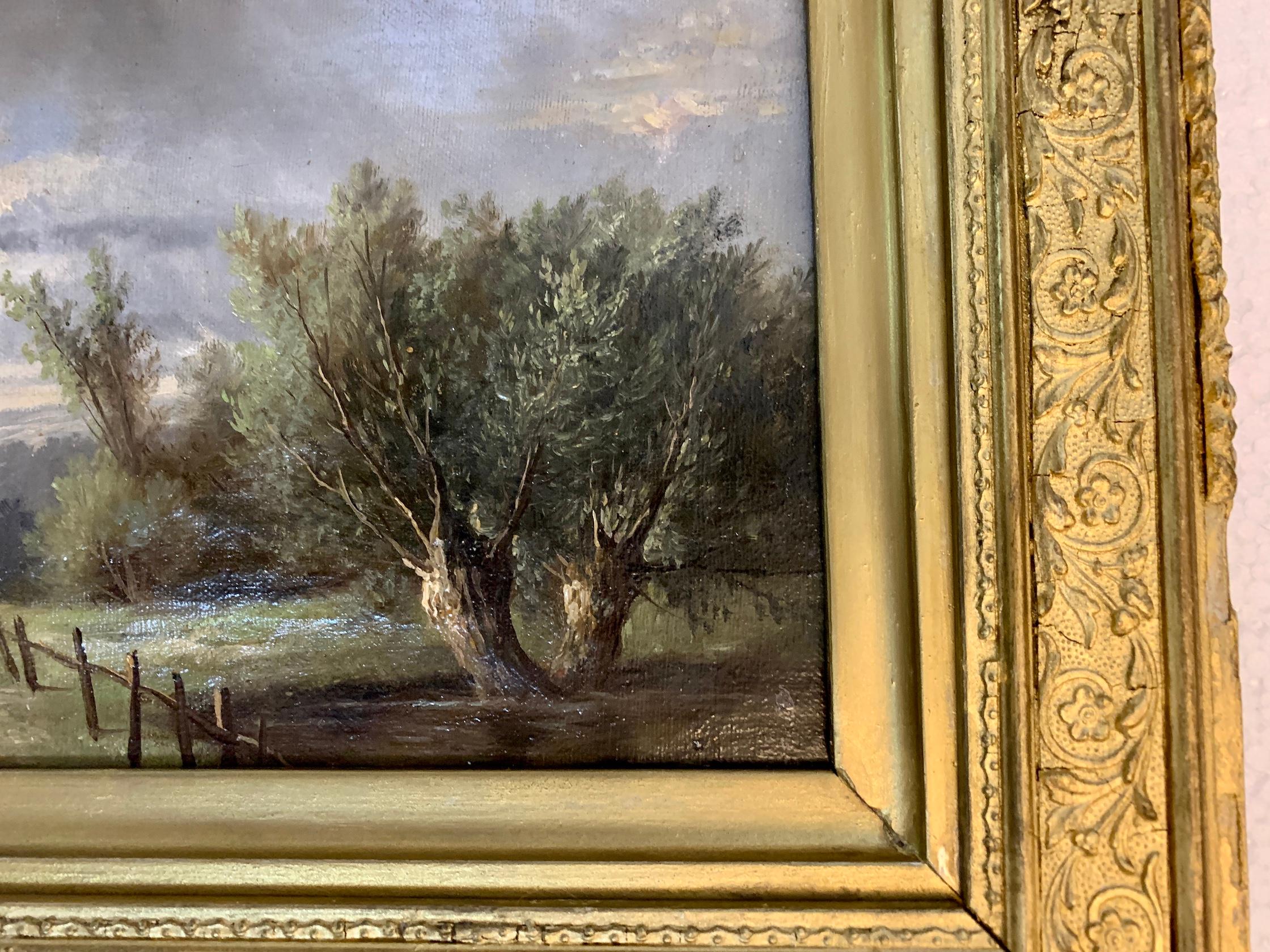 Paysage anglais du 19ème siècle avec des arbres en chêne et en if sur un chemin en vente 3