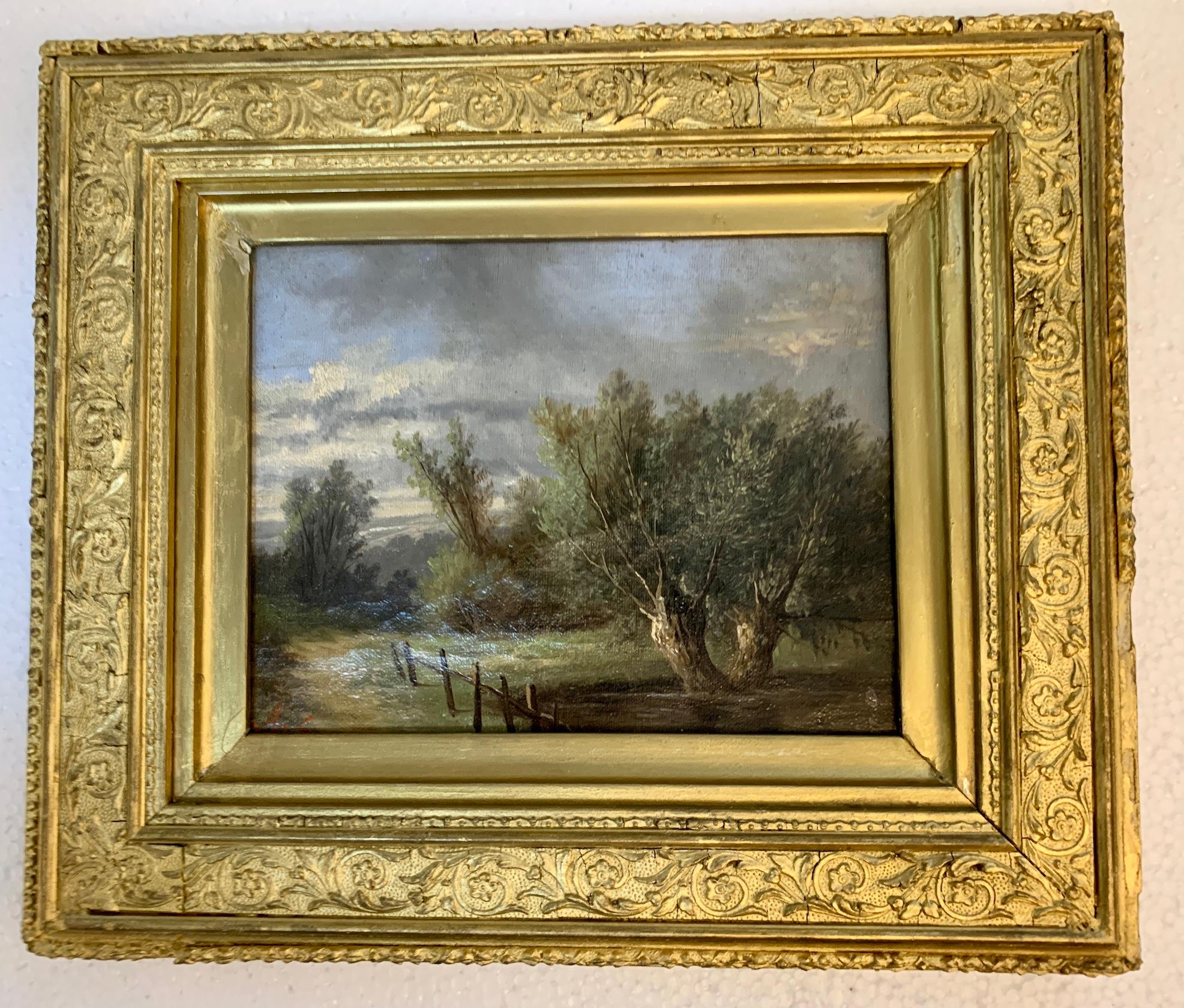 Paysage anglais du 19ème siècle avec des arbres en chêne et en if sur un chemin