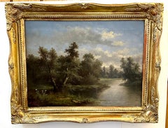 Antique 19th century English landscape with Oak and Yew trees on a pathway