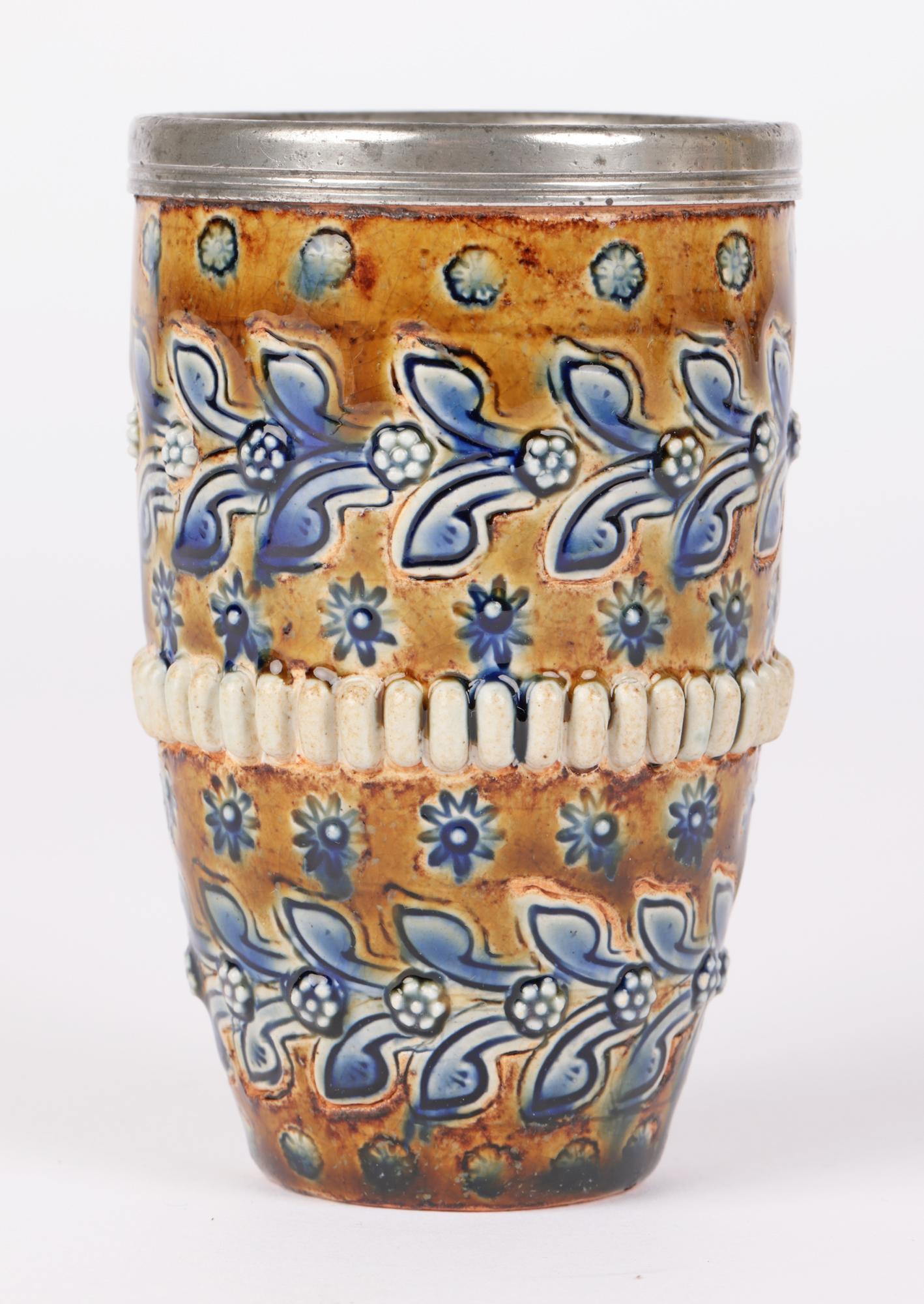 Hand-Crafted Ada Tosen Doulton Lambeth Pewter Mounted Beaker Vase