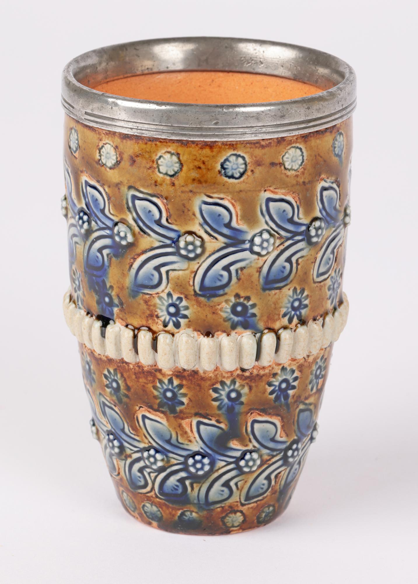 Late 19th Century Ada Tosen Doulton Lambeth Pewter Mounted Beaker Vase