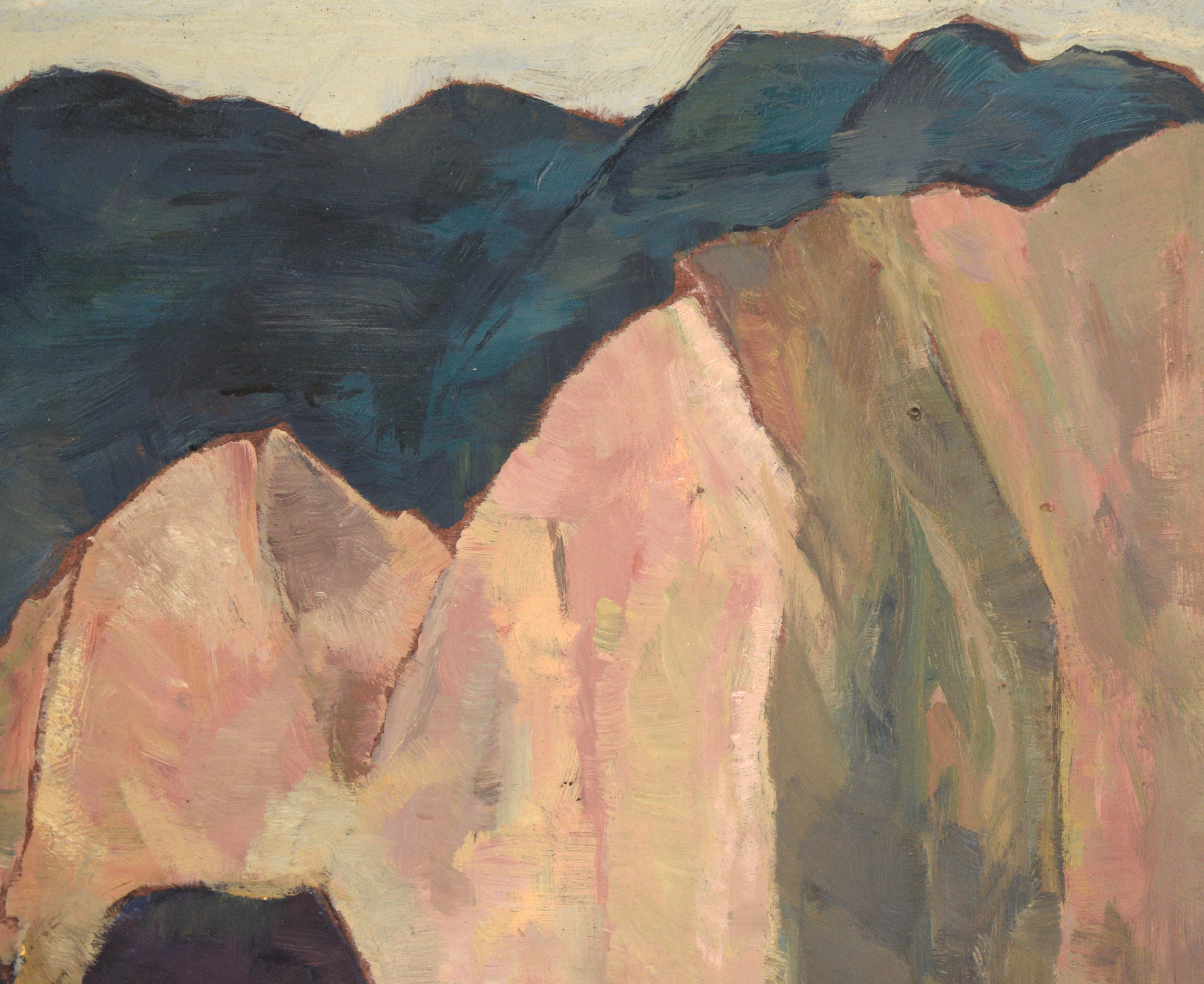 Bold mountain landscape by Ada Wolpe (South African, 1921-2004). Angular, bold shapes created a vivid landscape of the Swiss Alps, inspired by Wolpe's move to Switzerland. In the foreground, tan and pink rocks are rendered with loving detail,