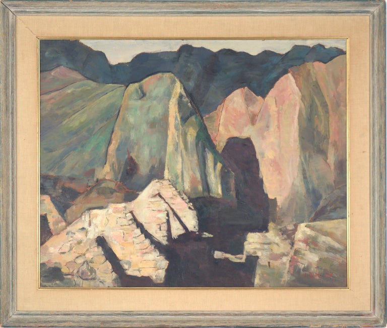 Bold mountain landscape by Ada Wolpe (South African, 1921-2004). Angular, bold shapes created a vivid landscape of the Swiss Alps, inspired by Wolpe's move to Switzerland. In the foreground, tan and pink rocks are rendered with loving detail,