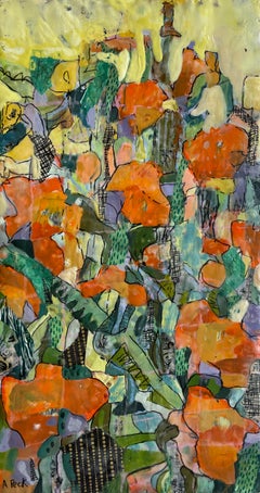 "Beautifully Broken" Abstract encaustic w/ bright orange and soft green foliage