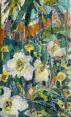 "Waltz in a Dream" Abstract encaustic with green, white, yellow tropical foliage