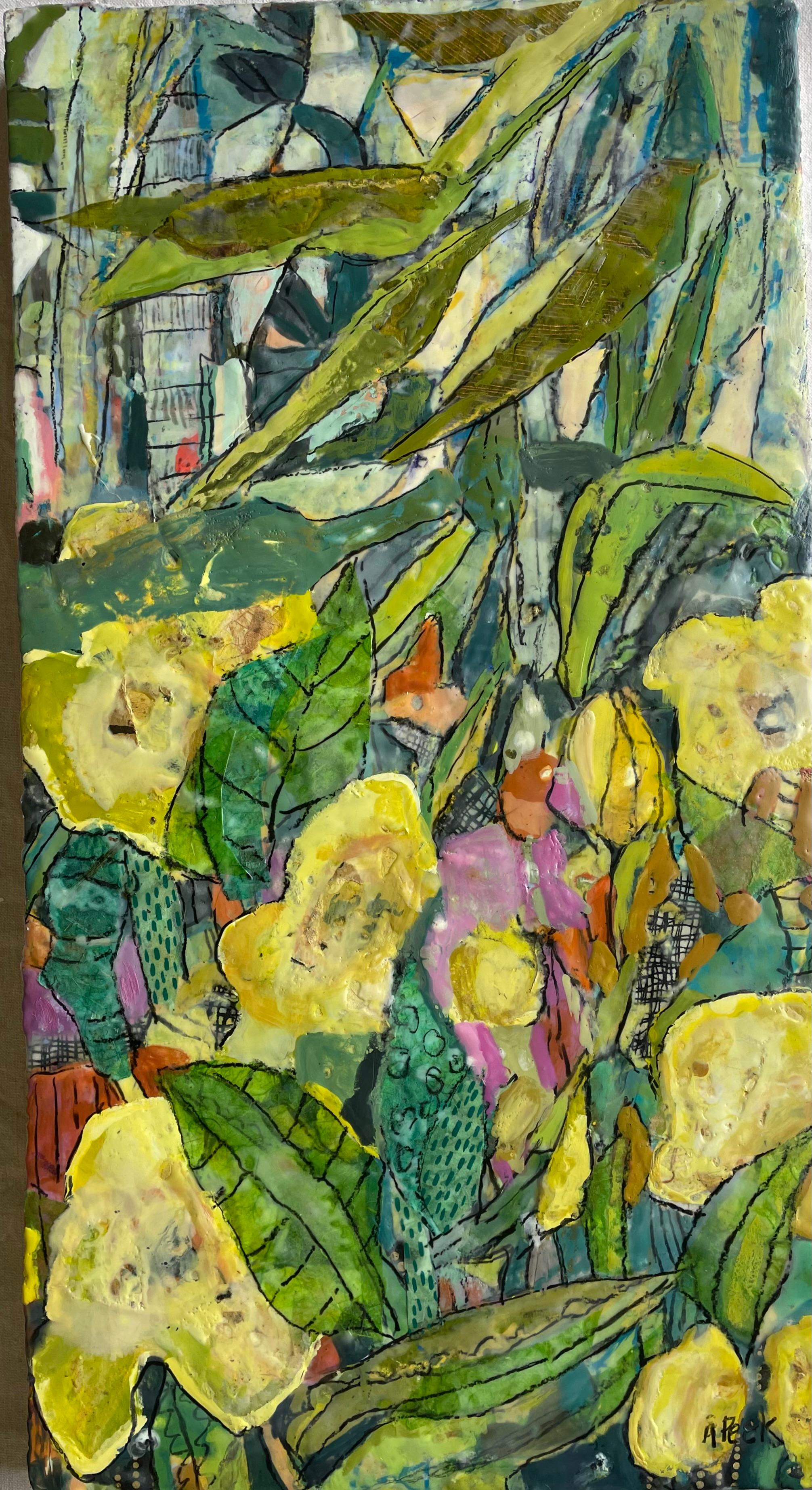 "Winds of Hope" Abstract encaustic with bright yellow flowers and green leaves. - Mixed Media Art by Adair Peck