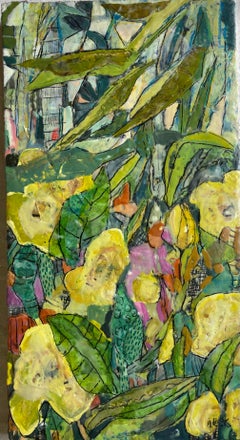 "Winds of Hope" Abstract encaustic with bright yellow flowers and green leaves.