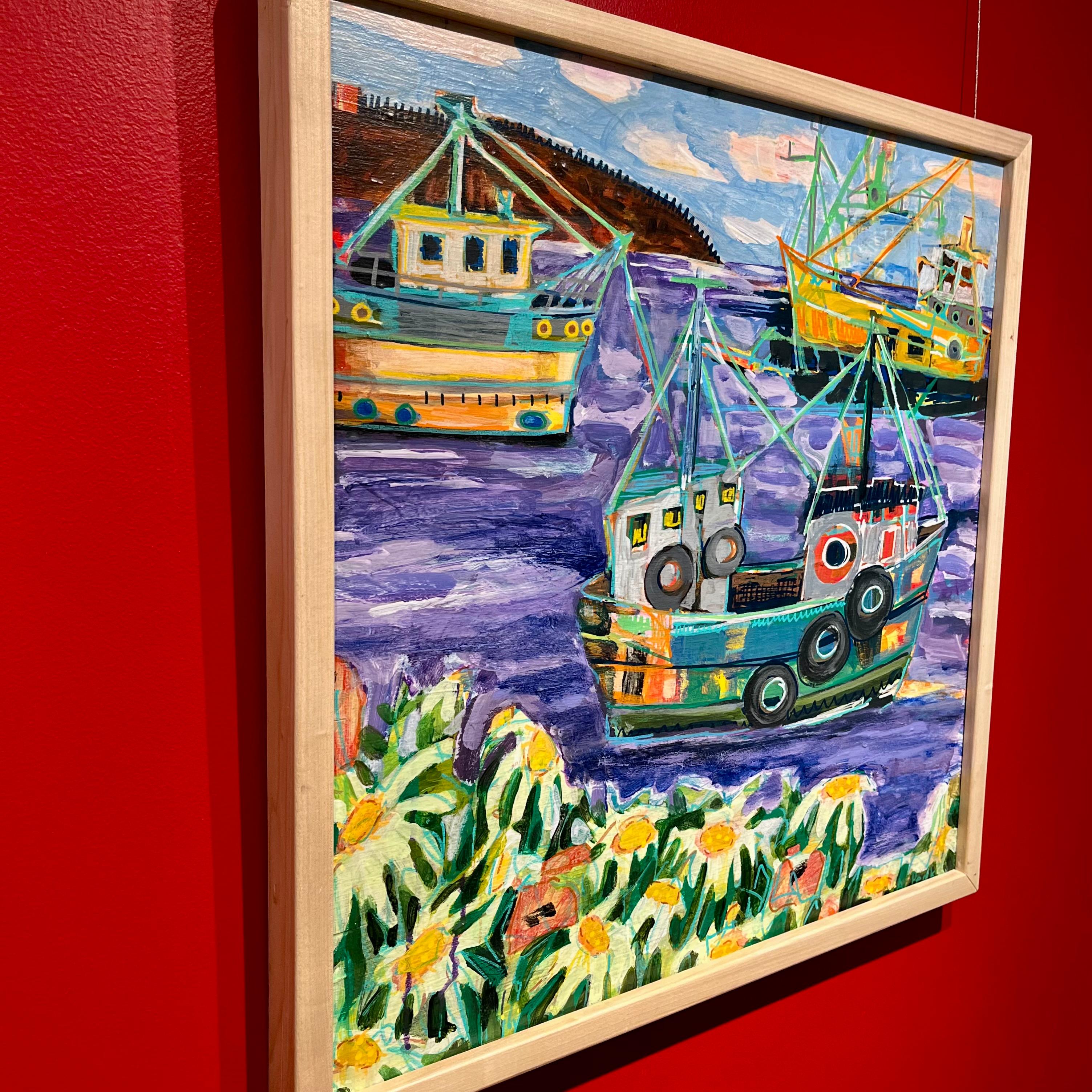 Peinture multimédia colorée « Menemsha Hills » représentant des bateaux de pêche en vente 1